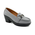 Gray loafer shoe with a black heel on a white background