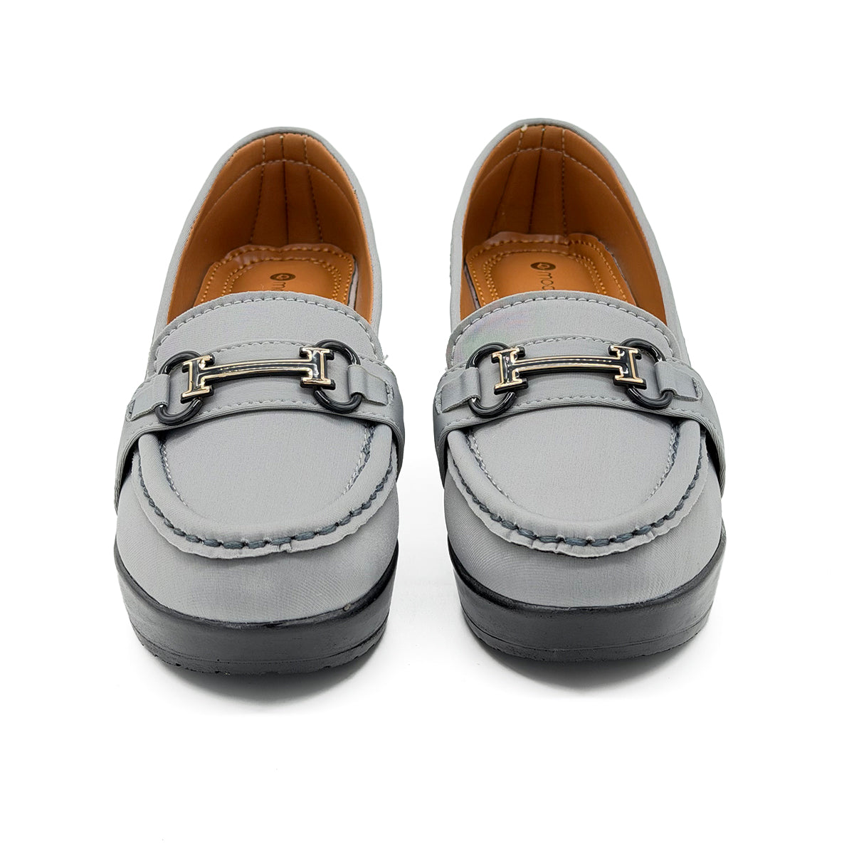 Pair of gray loafers with gold accents on a white background