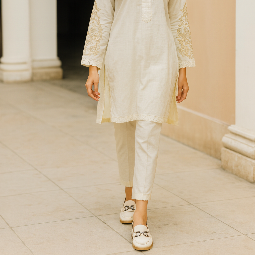 Women wearing a white-colored Modevia loafers with a patterned top and white pants, standing in a hallway.