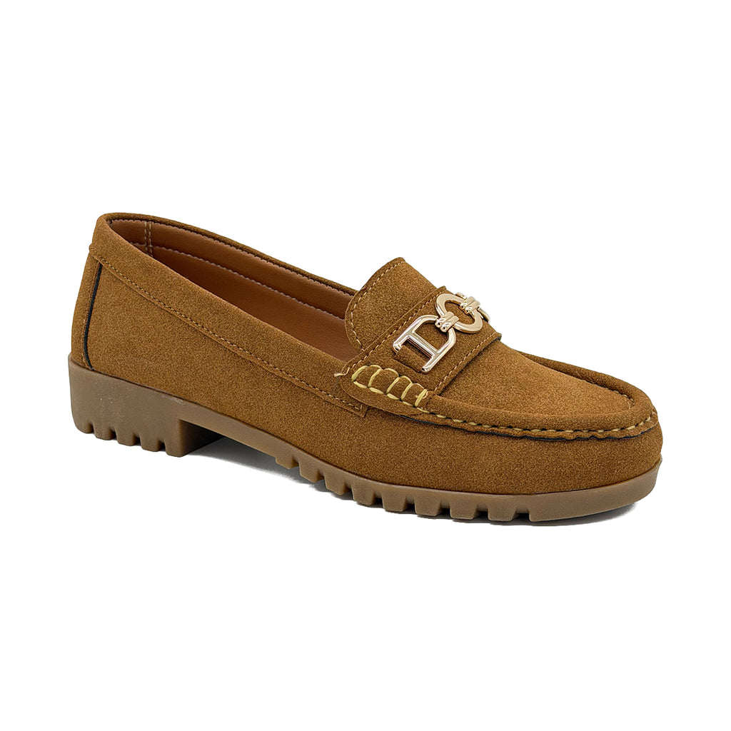 Brown suede loafer with a decorative buckle on a white background