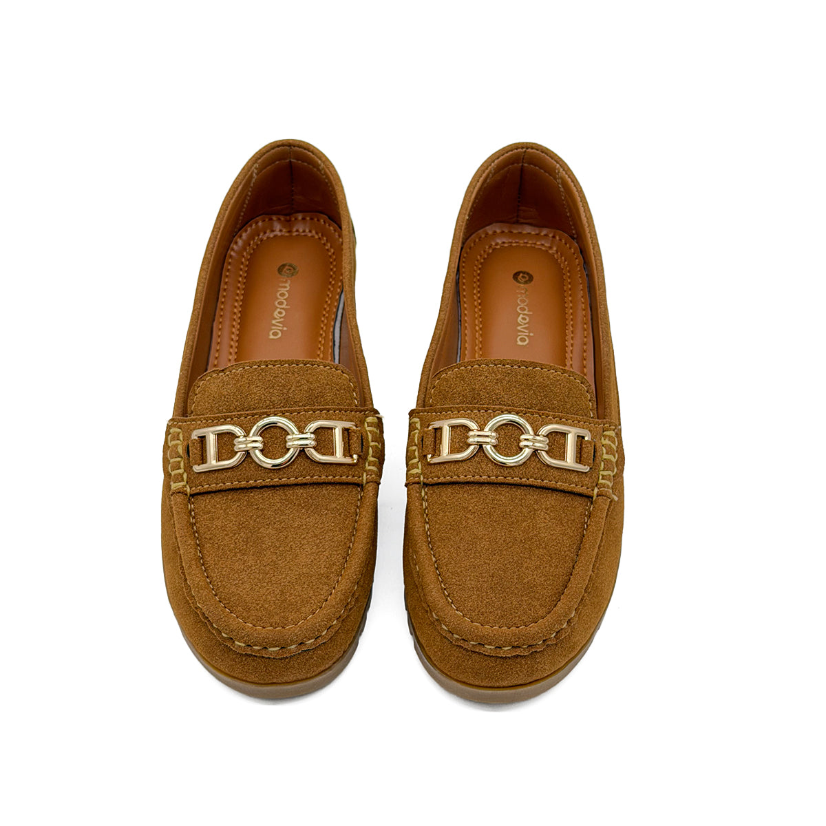 Pair of tan loafers with a decorative metal chain on a white background
