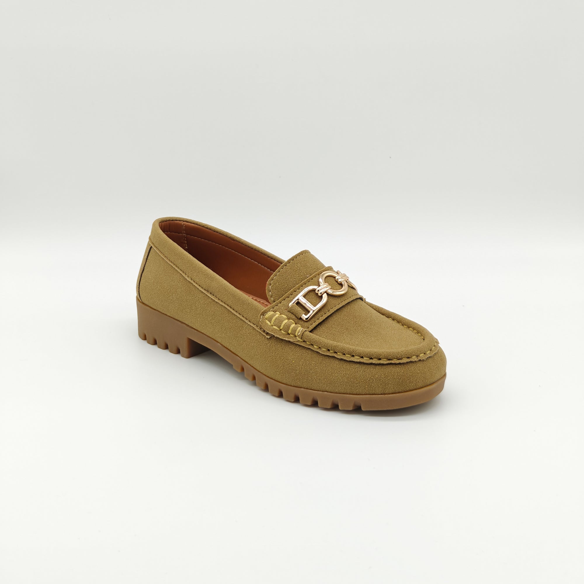 Tan loafer shoe with a gold logo on a white background